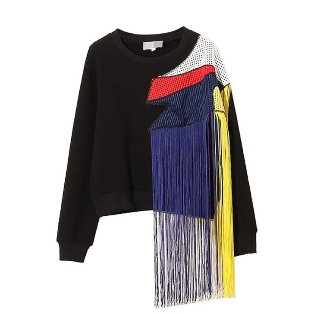 Black sweatshirt with patch and colorful tassels. Fits an extra small or small.